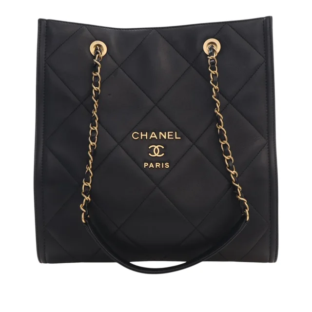 Black Chanel CC Quilted Lambskin Shopping Tote in Black Lambskin from Designer Revival