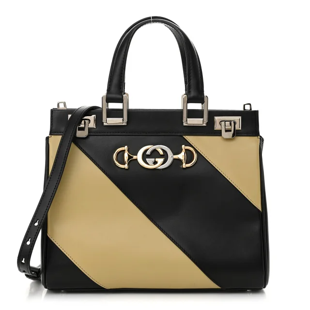 Gucci Zumi Diagonal Stripe Top Handle Calfskin Leather Bag - Black & Beige in Black Calfskin from H&T