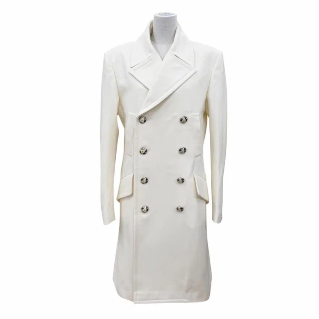 Chanel Wool Cashmere CC Logo Button Long Length Coat White 46 in White Cashmere from The Reluxe