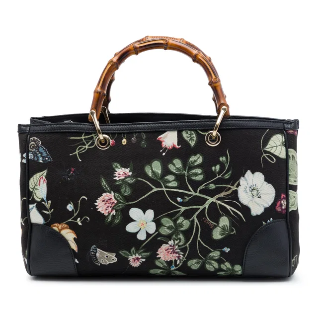 Black Gucci Medium Canvas Flora Knight Bamboo Shopper Satchel in Black Canvas from Designer Revival