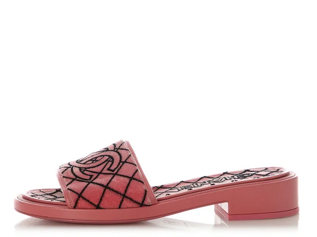 Chanel Pink and Black Velvet Slide Sandals in Black Velvet from Ann's Fabulous Finds