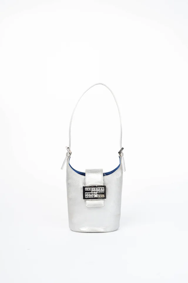 Fendi Vintage Silver Lambskin Leather Small Top Handle Bag in Silver Lambskin from Break Archive