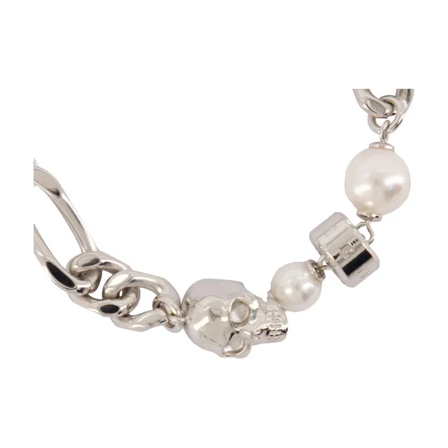 Alexander McQueen Pearl & Skull Chain Bracelet — Silver Metal Bracelets in Silver from HEWI