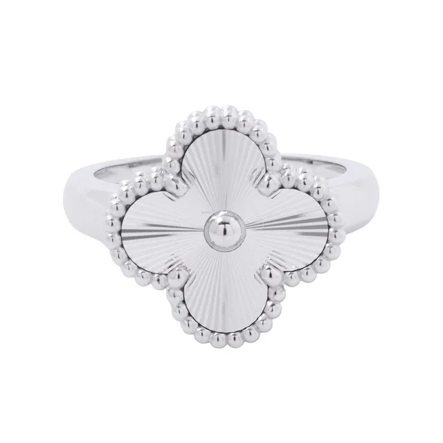 Van Cleef & Arpels Vintage Alhambra Guilloche Ring Size 50/#10VCARP9XI50/VCARP9XI00 18K White Gold in White from GALLERY RARE