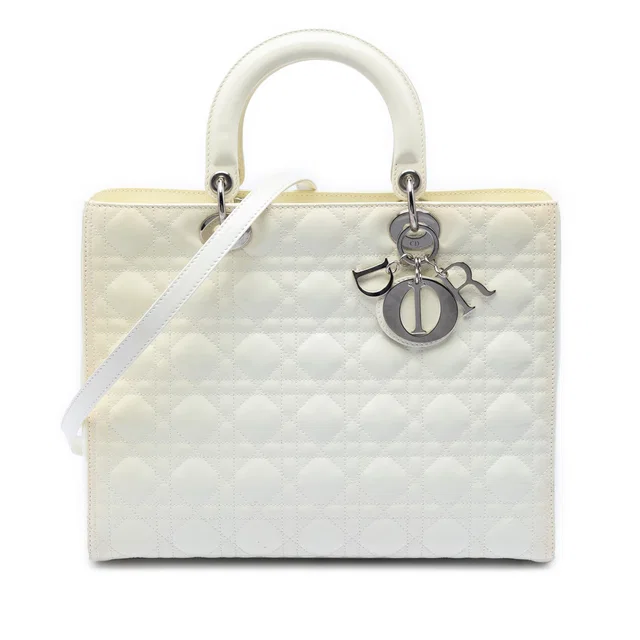 White Dior Large Lambskin Cannage Lady Dior Satchel in White Lambskin from Designer Revival