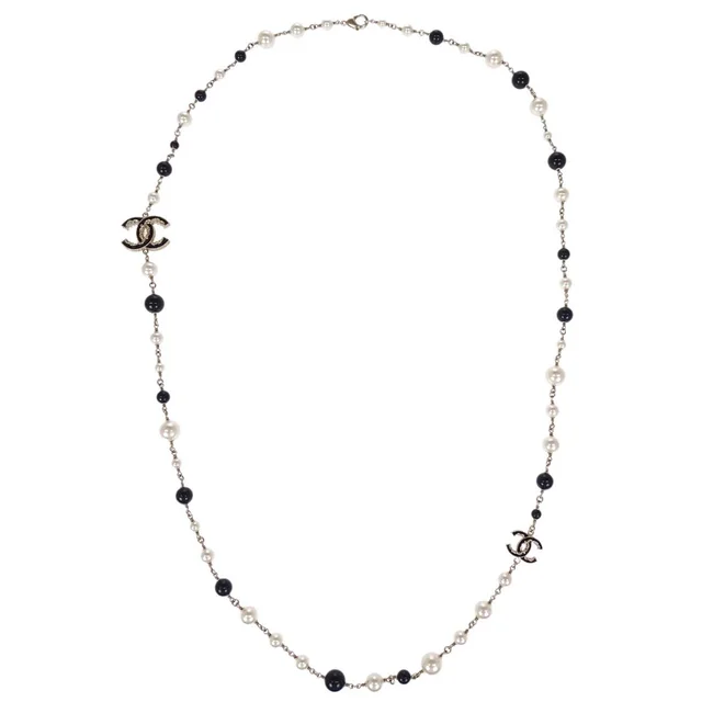 Chanel Long Chain Necklace CC Gold Black Costume Pearl B14V in Black from AMORE Vintage Tokyo
