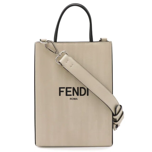 Fendi Shopping Small 2-Way Shoulder Bag Crossbody Leather Beige Black Silver in Black Leather from The Reluxe