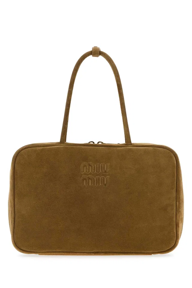 Miu Miu Embossed Logo Calfleather Shoulder Bag — Brown in Brown from HEWI