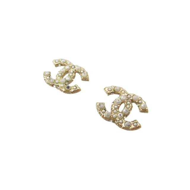 Chanel Earrings CC Logo CC Faux Pearl Rhinestone Gold in Gold from The Reluxe