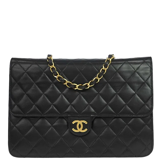 Chanel 1994-1996 Black Lambskin Pushlock Medium Half Flap Shoulder Bag in Black Lambskin from AMORE Vintage Tokyo