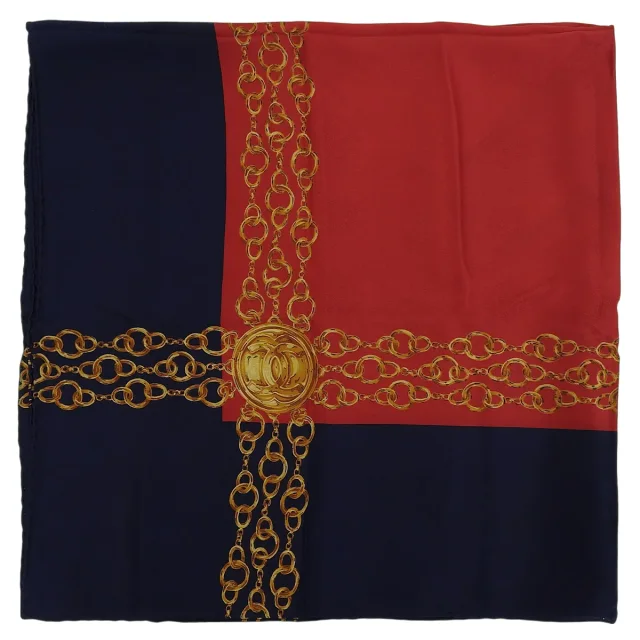 Chanel CC Mark Chain Pattern Scarf Red/Navy/Multi in Red Silk from VINTAGE QOO TOKYO, photo 2 of 10