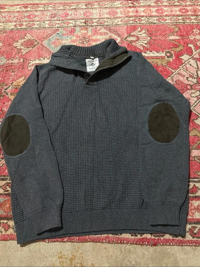 Bally Dark Blue Knit Zip-Up Sweater With Black Elbow Patches in black|blue from Poshmark