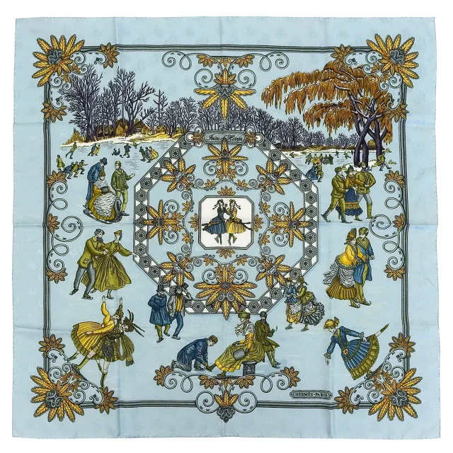 Hermès Carré 90 Les Joies d'Hiver Pattern Scarf Light Blue/Multi in Blue Silk from VINTAGE QOO TOKYO, photo 8 of 9