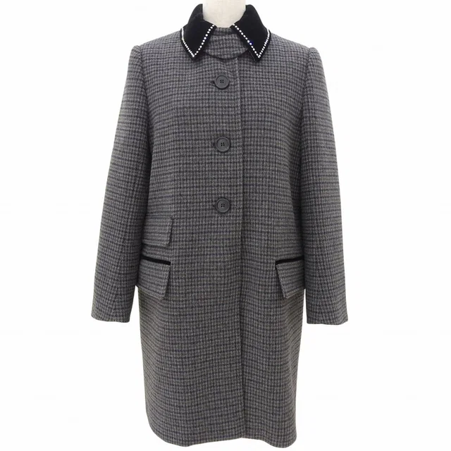 Miu Miu 2019 Houndstooth Pattern Rhinestone Stand-Collar Coat Brown/Navy in Brown Wool from VINTAGE QOO TOKYO
