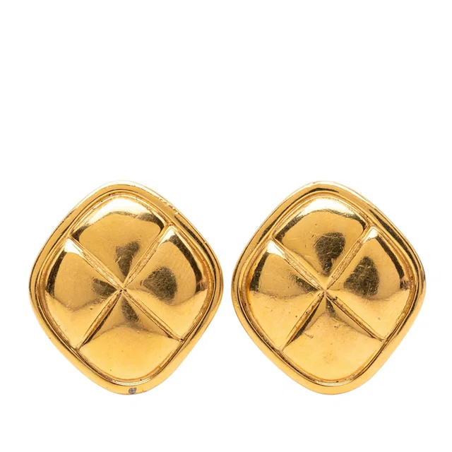 Gold Chanel Quilted Gold Plated Rhombus Clip On Earrings in Gold from Designer Revival