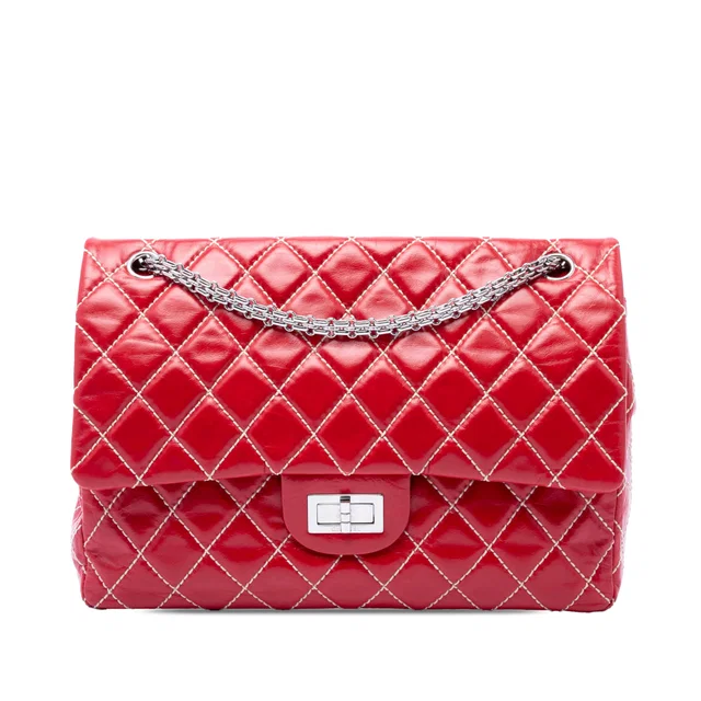 Red Chanel Quilted Glazed Calfskin Reissue 2.55 Surpique Double Flap 227 Shoulder Bag in Red Calfskin from Designer Revival