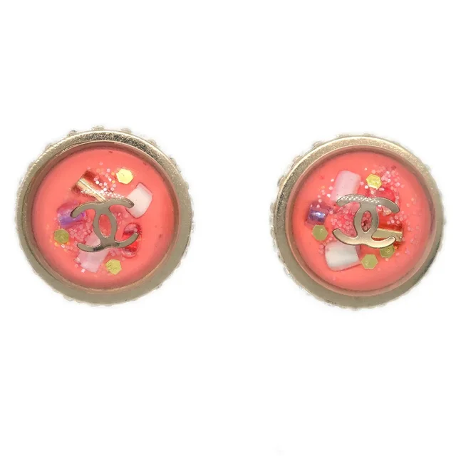 Chanel Button Piercing Earrings Rhinestone Pink 09C in Pink Resin from AMORE Vintage Tokyo
