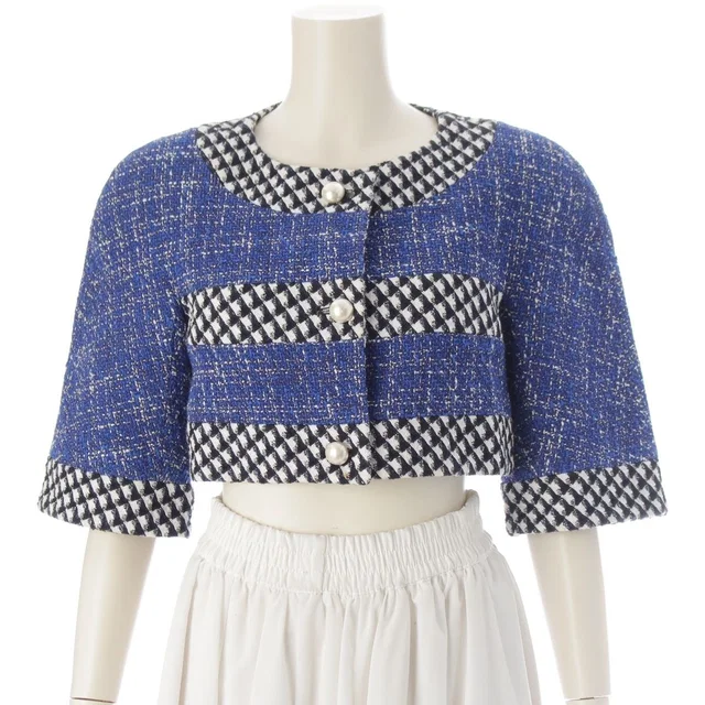 Chanel Cotton Wool CC Logo Pearl Button Cropped Terre Jacket Top Black Blue in Black Wool from The Reluxe