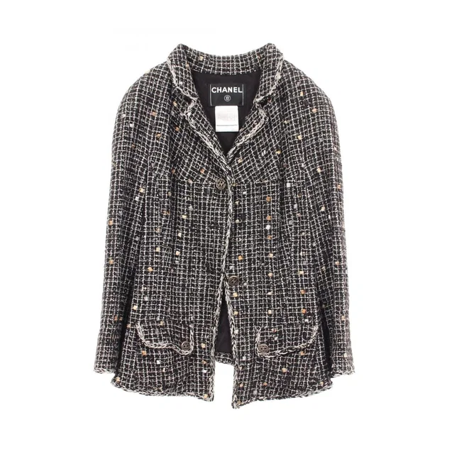 Chanel CC Logo Button Dot Tweed Silk Jacket in Tweed from The Reluxe