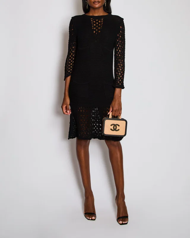 Chanel 15/P Black Crochet Midi Long-sleeve Openwork Dress with CC logo Pearl Buttons Size UK 8/10 in Black from Sellier