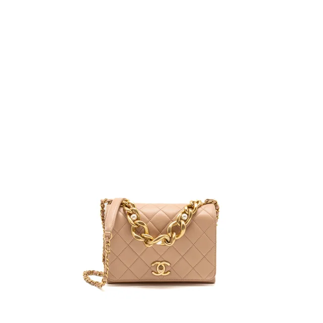 Chanel Pearl Chain Flap Bag Calfskin Beige GHW (Microchip) in Beige Calfskin from EMIER