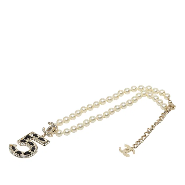 Gold Chanel CC Brass No 5 Strass and Faux Pearl Pendant Necklace in Gold Woven leather from Designer Revival