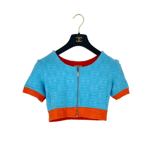 Chanel Coco Half Sleeve Tops Light Blue Orange Nylon 40 02S Rtw in Blue Nylon from Luxury Promise