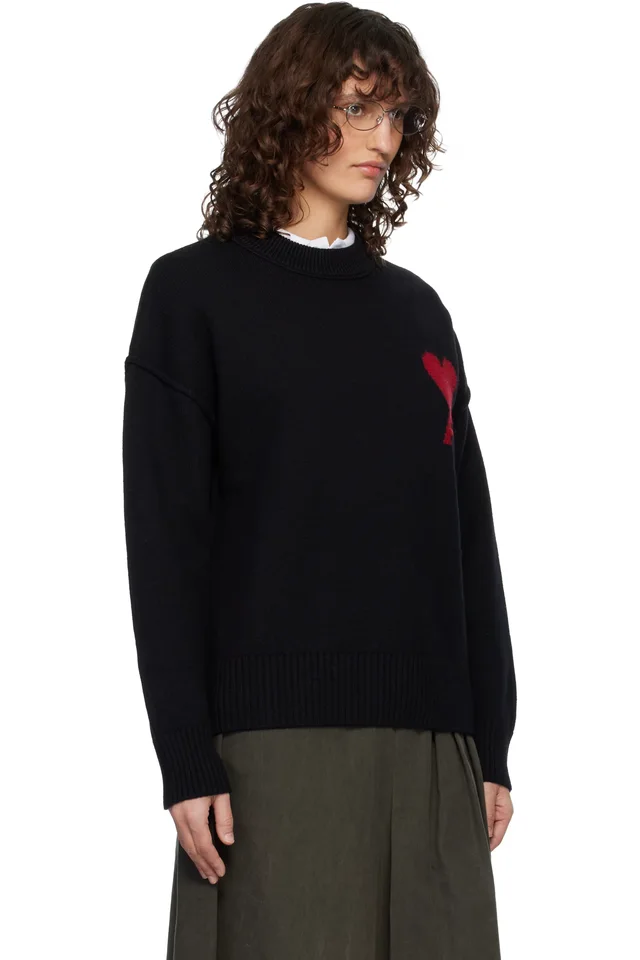 AMI Paris Black Wool Crewneck Ami de Coeur Sweater, photo 2 of 2 from SSENSE