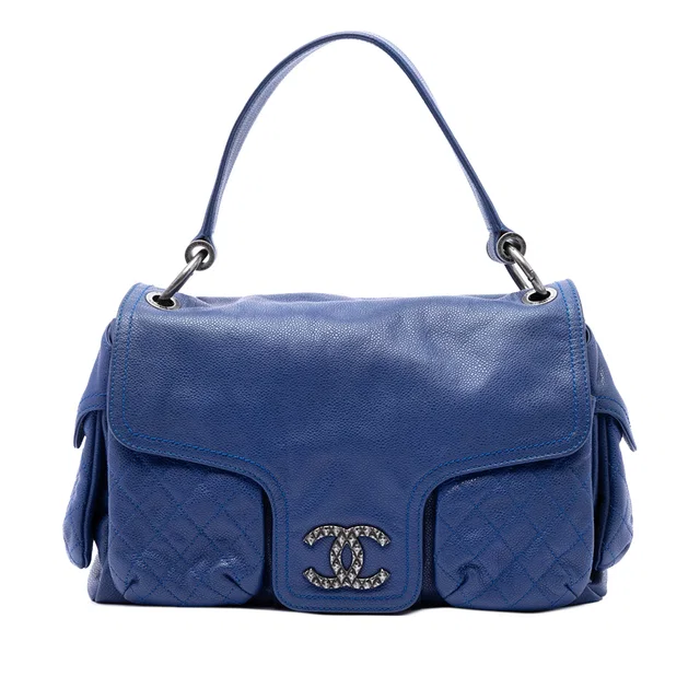 Blue Chanel Glazed Caviar Coco Rider Multi Pocket Rider Flap Handbag in Blue Caviar leather from Designer Revival