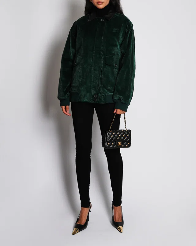 Miu Miu Green Padded Corduroy Jacket with Logo and Leather Collar Detail Size IT 40 (UK 8) in Green Leather from Sellier