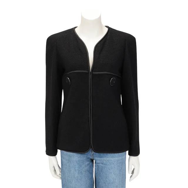 Chanel Boucle Collarless Edge to Edge Jacket FR 38 in Black Wool from Blue Spinach
