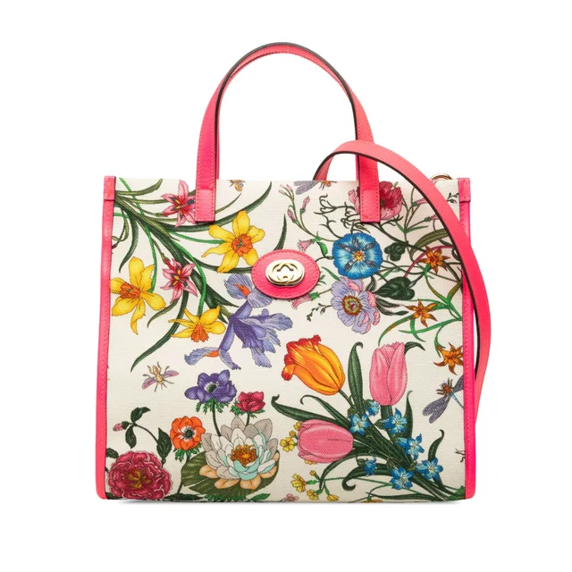 White Gucci Medium Canvas Flora Satchel in White Canvas from Designer Revival