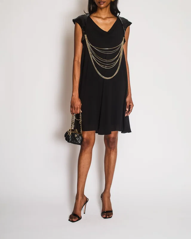 Chanel Vintage 07P Black Silk Mini Dress with Gold Chains and Sequin Shoulders with Silver CC Logo… in Black Silk from Sellier