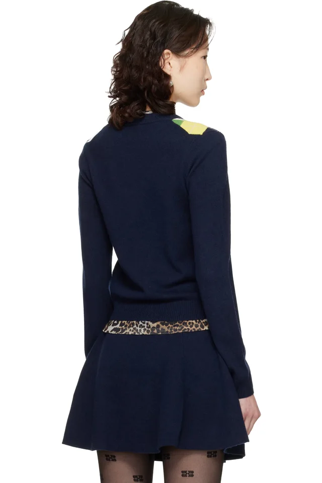 GANNI Navy Argyle Print Cardigan, photo 3 of 4 from SSENSE