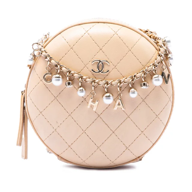 Beige Chanel Stitched Calfskin Logo Strass and Pearl Chain Round Crossbody in Beige Calfskin from Designer Revival