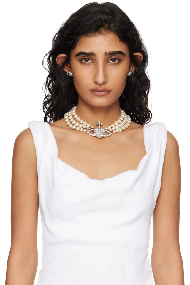 Vivienne Westwood Three Row Pearl Bas Relief Necklace, photo 2 of 2 from SSENSE