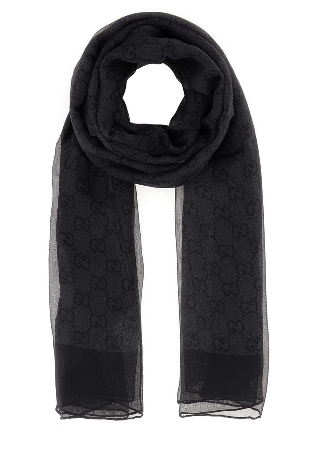Gucci Gg Monogram Silk Chiffon Shawl — Black Exterior: Shawls in Black Silk from HEWI
