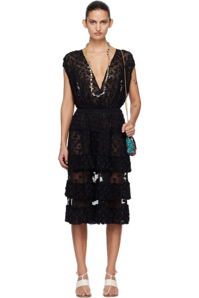 Black Ruffled Mesh Midi Dress, image 1 of 1 from SSENSE