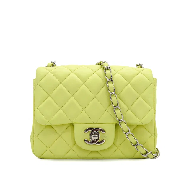 Chanel Mini Square 17 Chain Shoulder Bag Yellow Lamb Skin Silver Hardware in Yellow from Luxury Promise