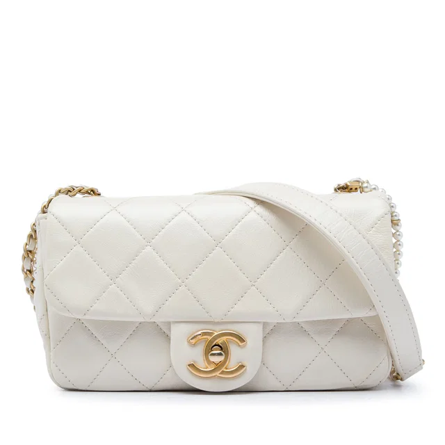 White Chanel Mini Quilted Calfskin Crystal Pearls Chain Flap Crossbody Bag in White Calfskin from Designer Revival