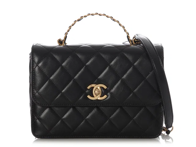 Chanel Small Black Quilted Lambskin Flap Bag with Top Handle in Black Lambskin from Ann's Fabulous Finds