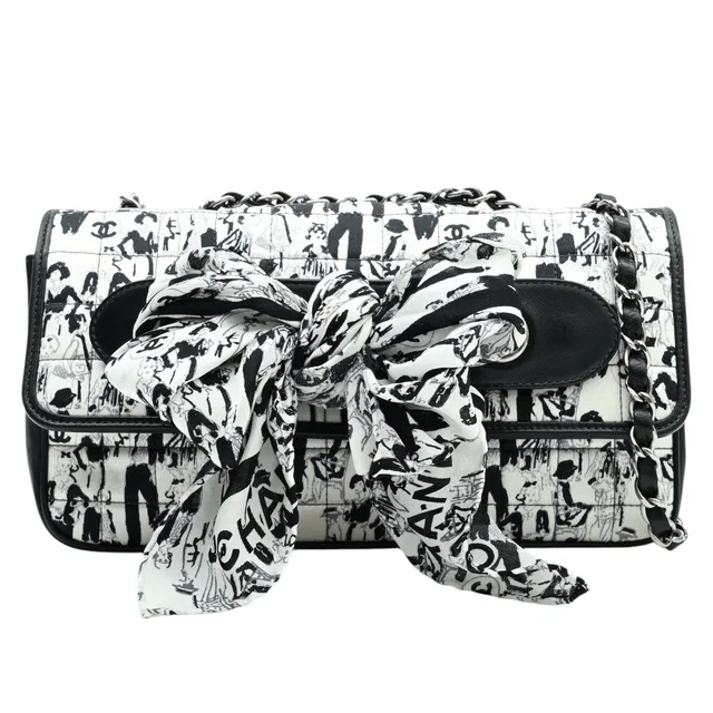 Chanel 2003 Silk Chocobar Pattern Scarf Chain Shoulder Bag White/Black in Black Silk from VINTAGE QOO TOKYO