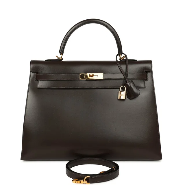 Hermès Vintage Kelly Sellier 35 Chocolat Box Gold Hardware in Calfskin from Madison Avenue Couture