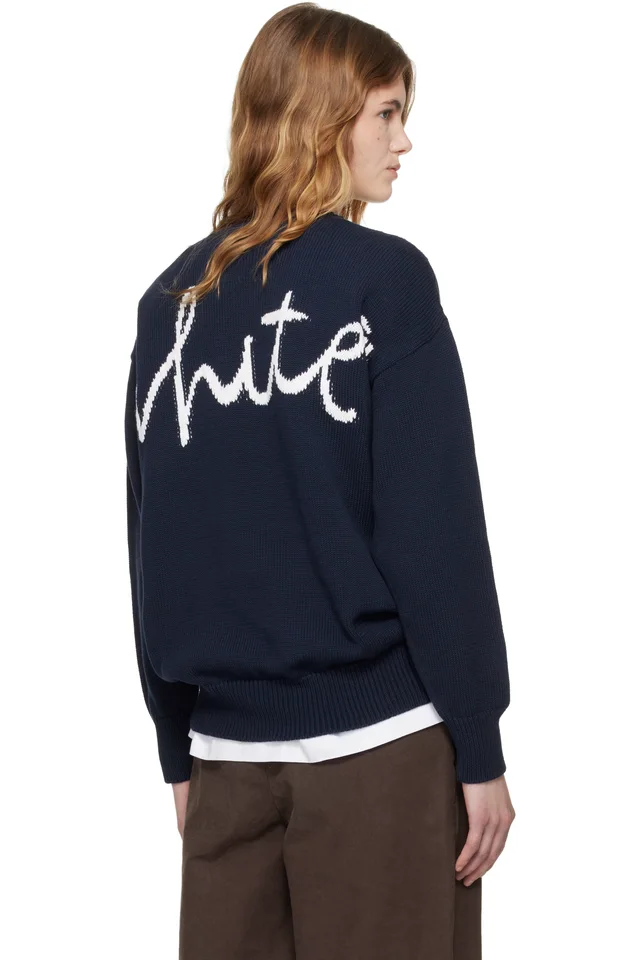 Off-White Navy Bookish Shared Cotton Knit Crewneck Sweater, photo 3 of 4 from SSENSE