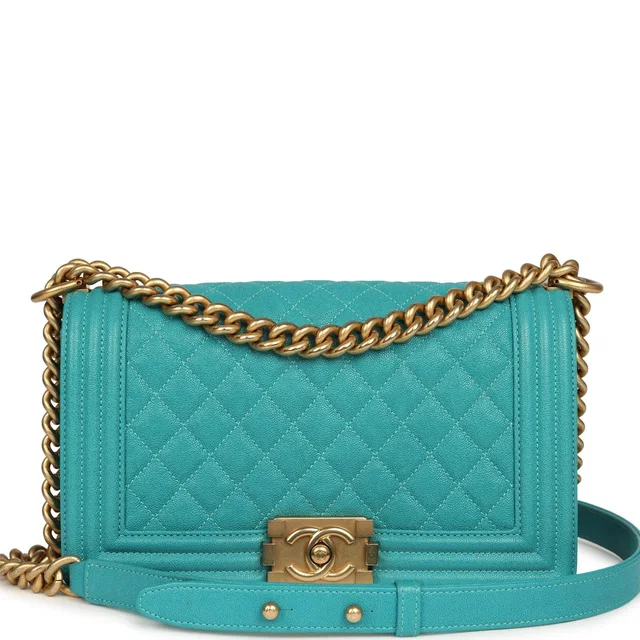 Chanel Medium Boy Bag Turquoise Caviar Antique Gold Hardware in Blue Caviar leather from Madison Avenue Couture