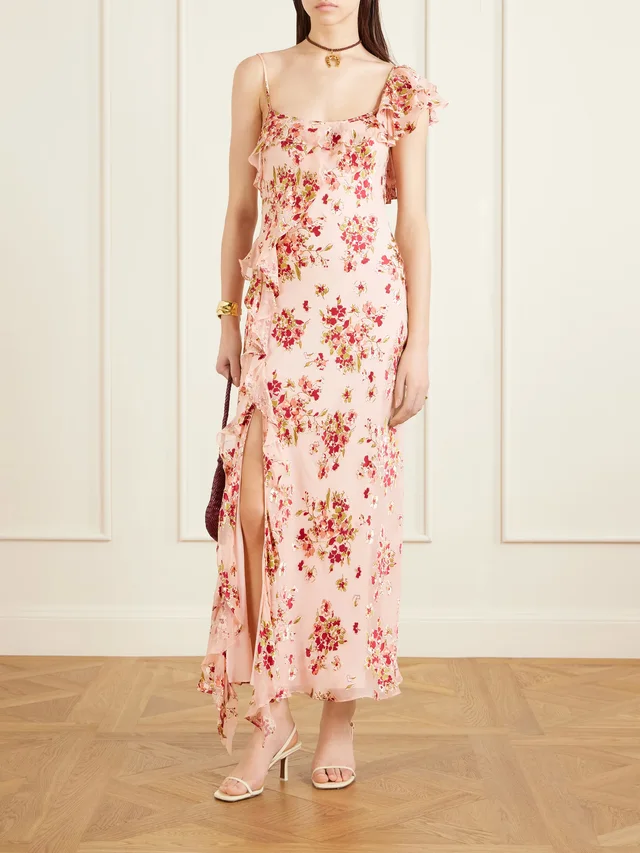 RIXO Asymmetric floral-print chiffon and dévoré-velvet maxi dress in Pink, photo 2 of 2 from NET-A-PORTER (Canada)