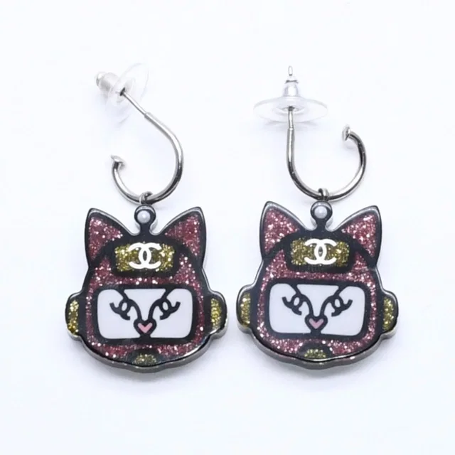 Chanel 17S Earrings Robot Cat Pink Yellow Glitter 17 in Pink from The Reluxe