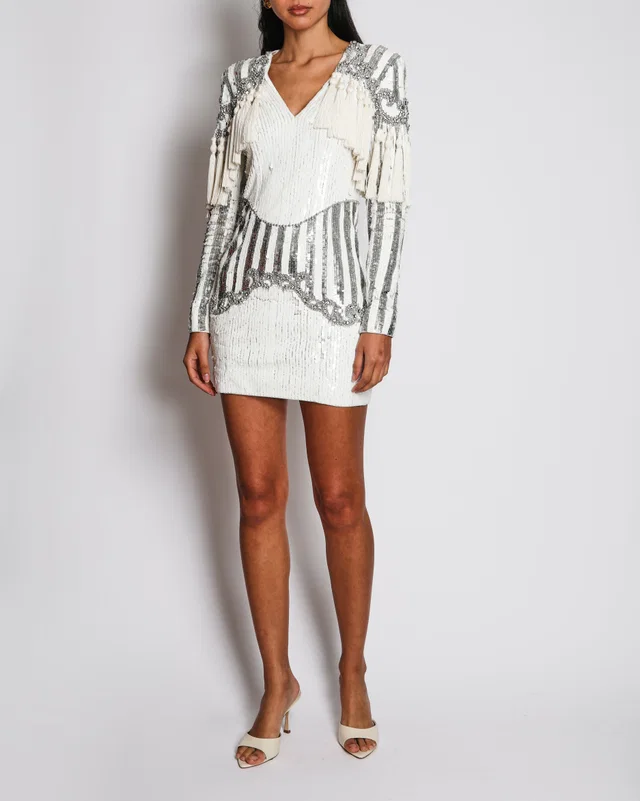 Balmain White and Silver Sequin Embellished Long-Sleeve Mini Dress with Tassel Details Size FR 36 (UK 8) in White Nylon from Sellier