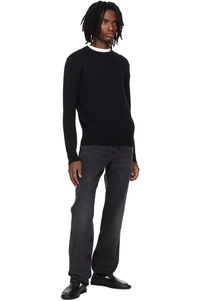 AMI Paris Black Wool Contrasted Ami de Coeur Crewneck Sweater, photo 4 of 4 from SSENSE