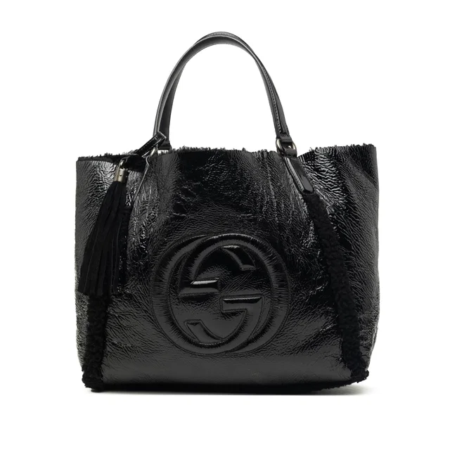 Black Gucci Medium Shearling Trimmed Patent Soho Cellarius Tote in Black Patent leather from Designer Revival